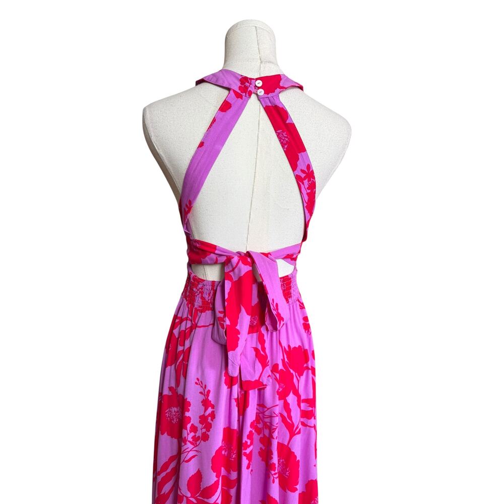 ABEL THE LABEL Anthropologie NEW Pink Red Floral Halter Maxi Dress XS Sleeveless - Picture 6 of 10